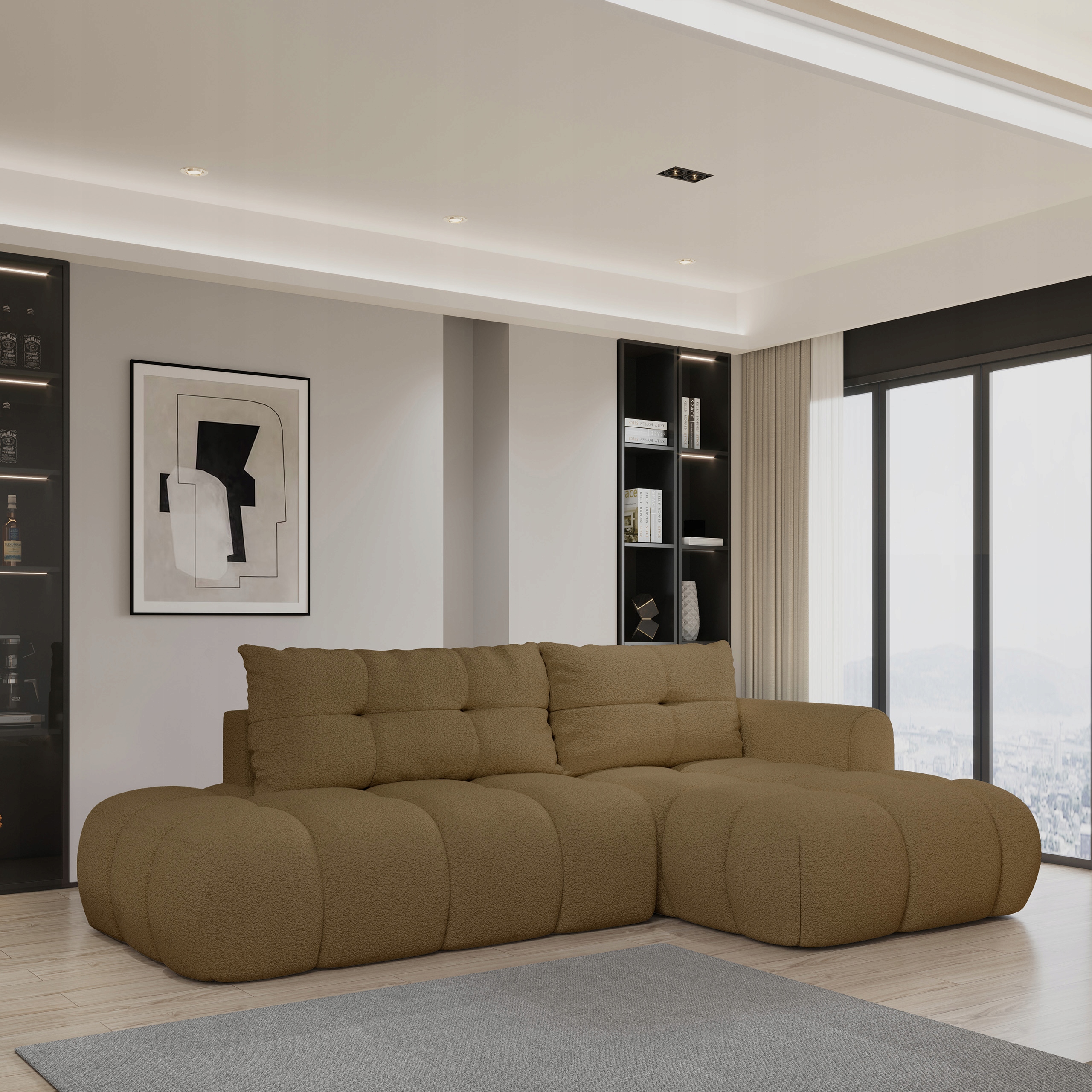 Rohová Sedací Souprava Fluma Funkce Spaní Moderní Boucle Beránek Medový