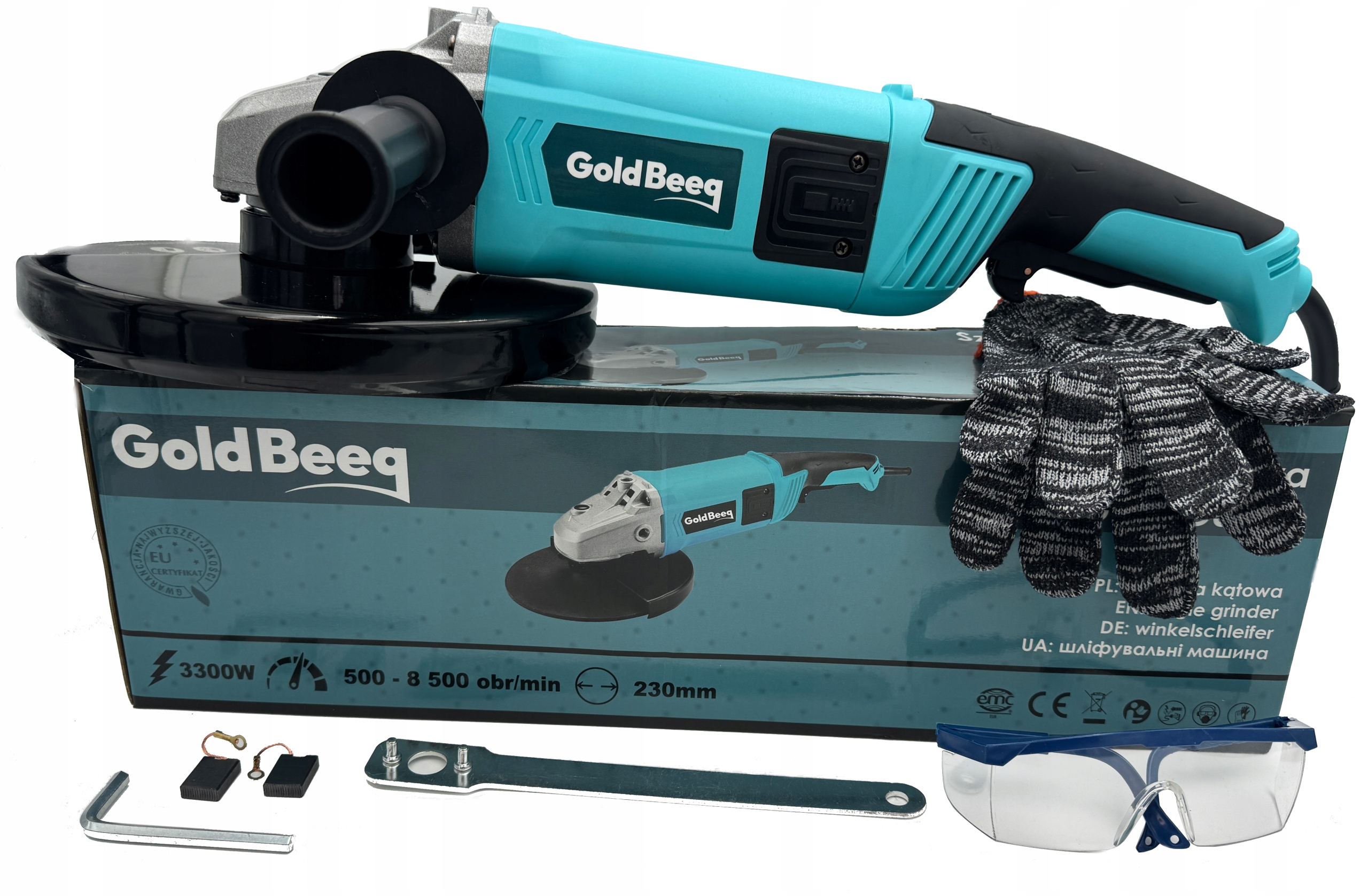 Szlifierka Kątowa 230MM 3300W Soft Start Wolny Start M14 Okulary Rękawice