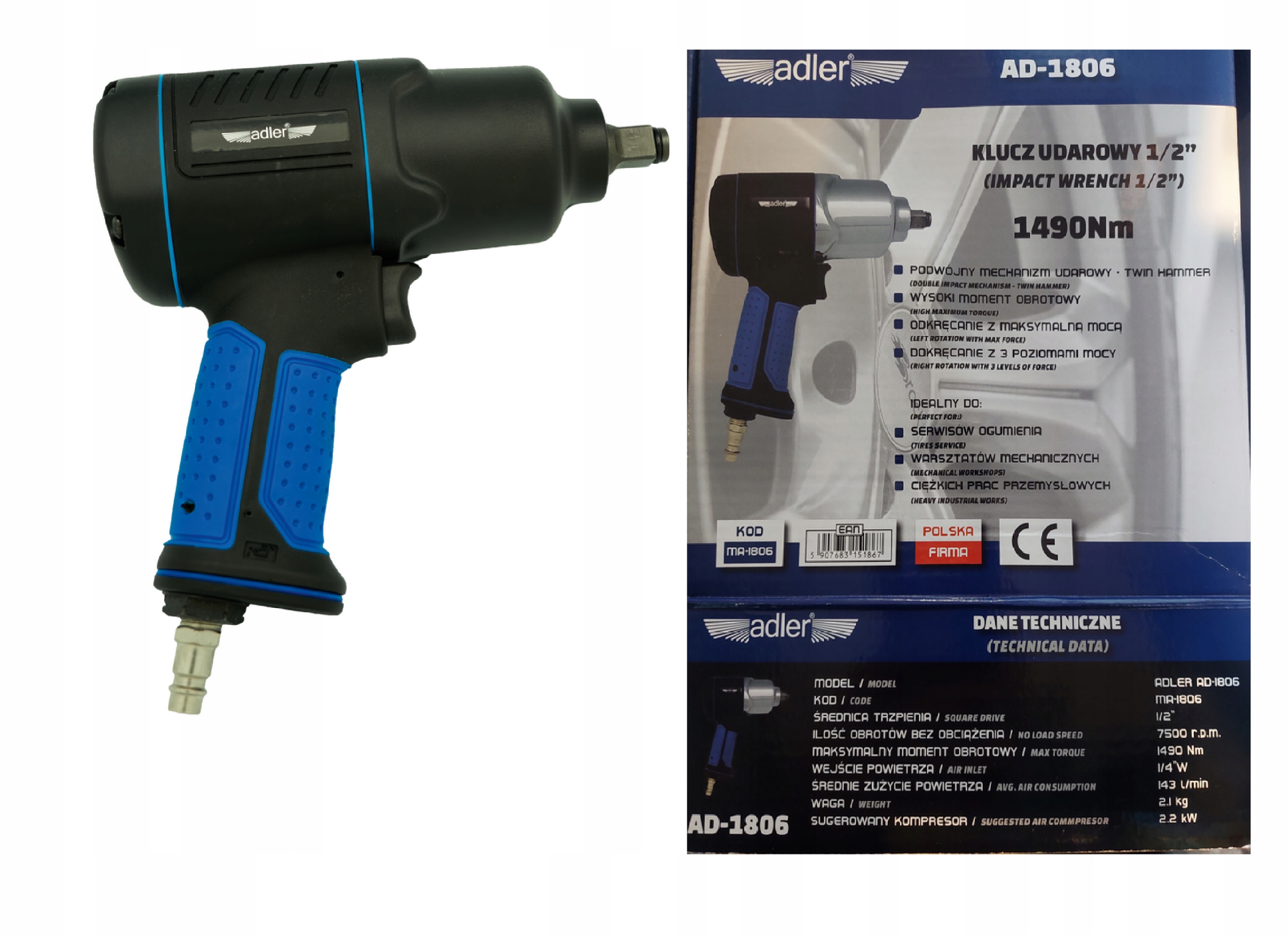 KLUCZ UDAROWY PNEUMATYCZNY 1/2 1490NM AD-1806 143L/M ADLER