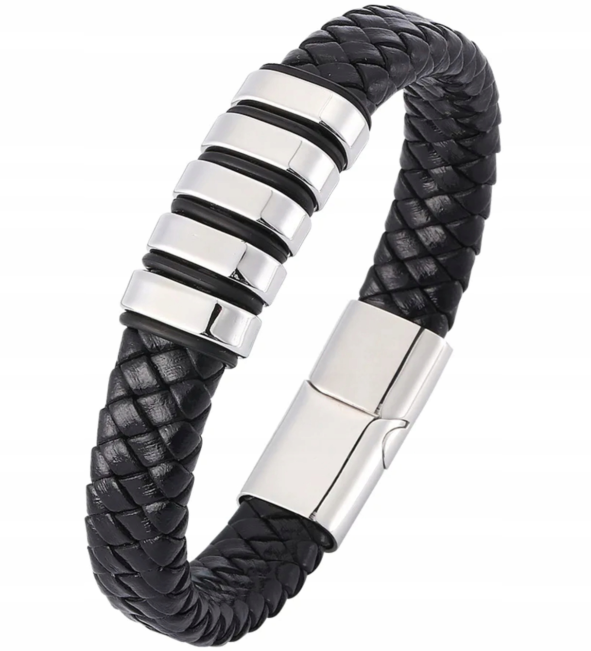 Kožený náramek z oceli, černý, pletený, Ocel 316 l, pevné zapínání