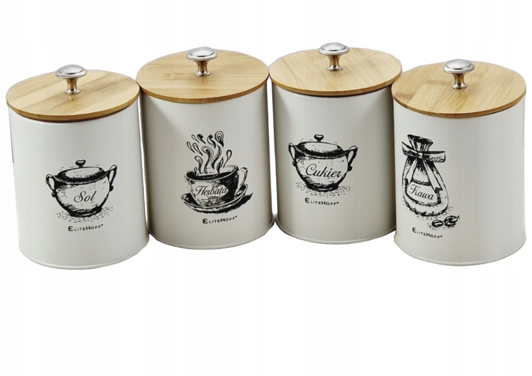 POJEMNIKI ZESTAW 4szt Kawa Herbata Cukier Sól KOMPLET BIAŁYCH POJEMNIKÓW