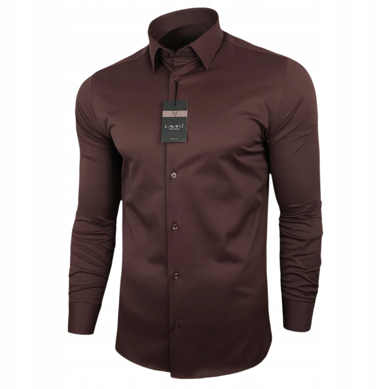 Pánská košile Hnědá hladká Lavier – elegantní, Slim Fit, bavlněná, vel.