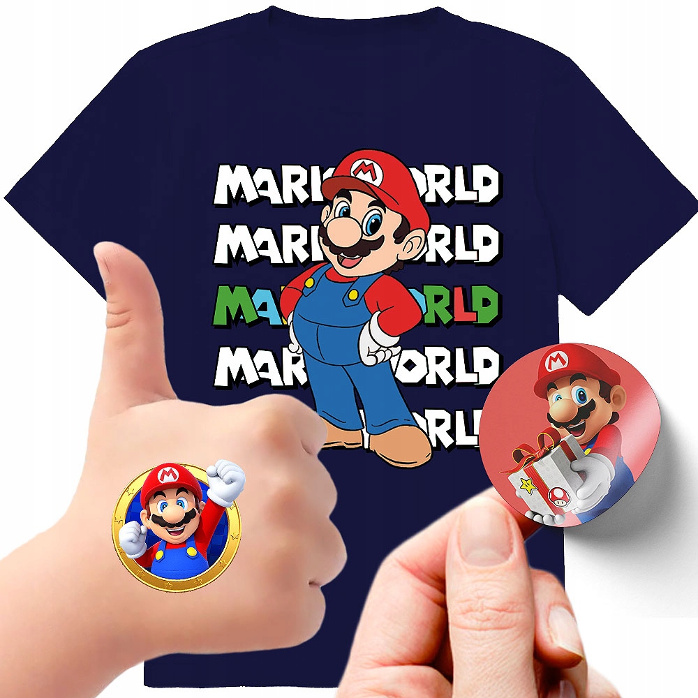 ZESTAW 3W1 KOSZULKA DLA DZIECI TATUAŻE NAKLEJKI SUPER MARIO BROS 164 JAKOŚĆ
