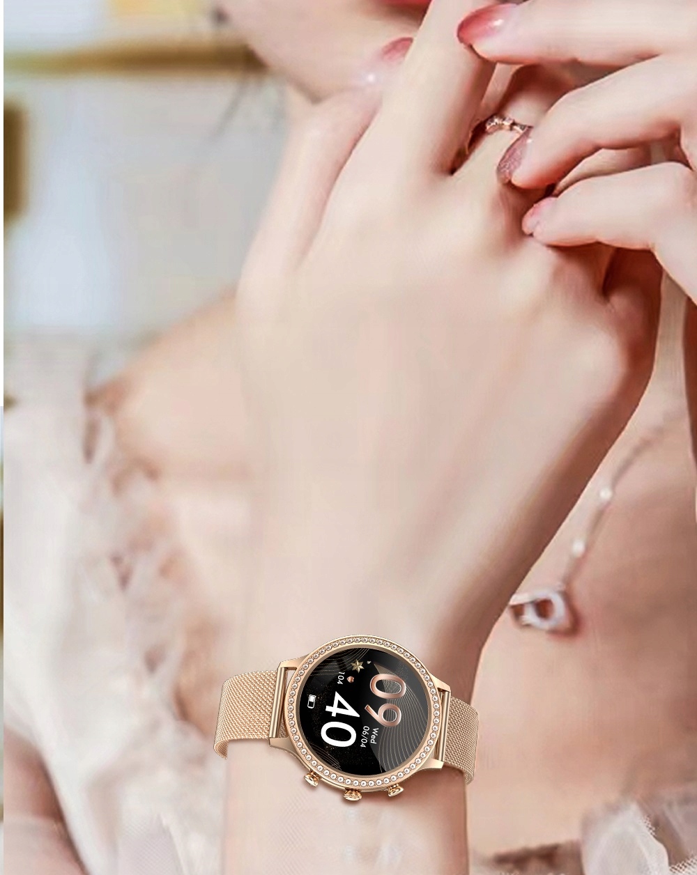 SMARTWATCH ZEGAREK DAMSKI ELEGANCKI CYRKONIE ROZMOWY POWIADOMIENIA MENU PL Model inny