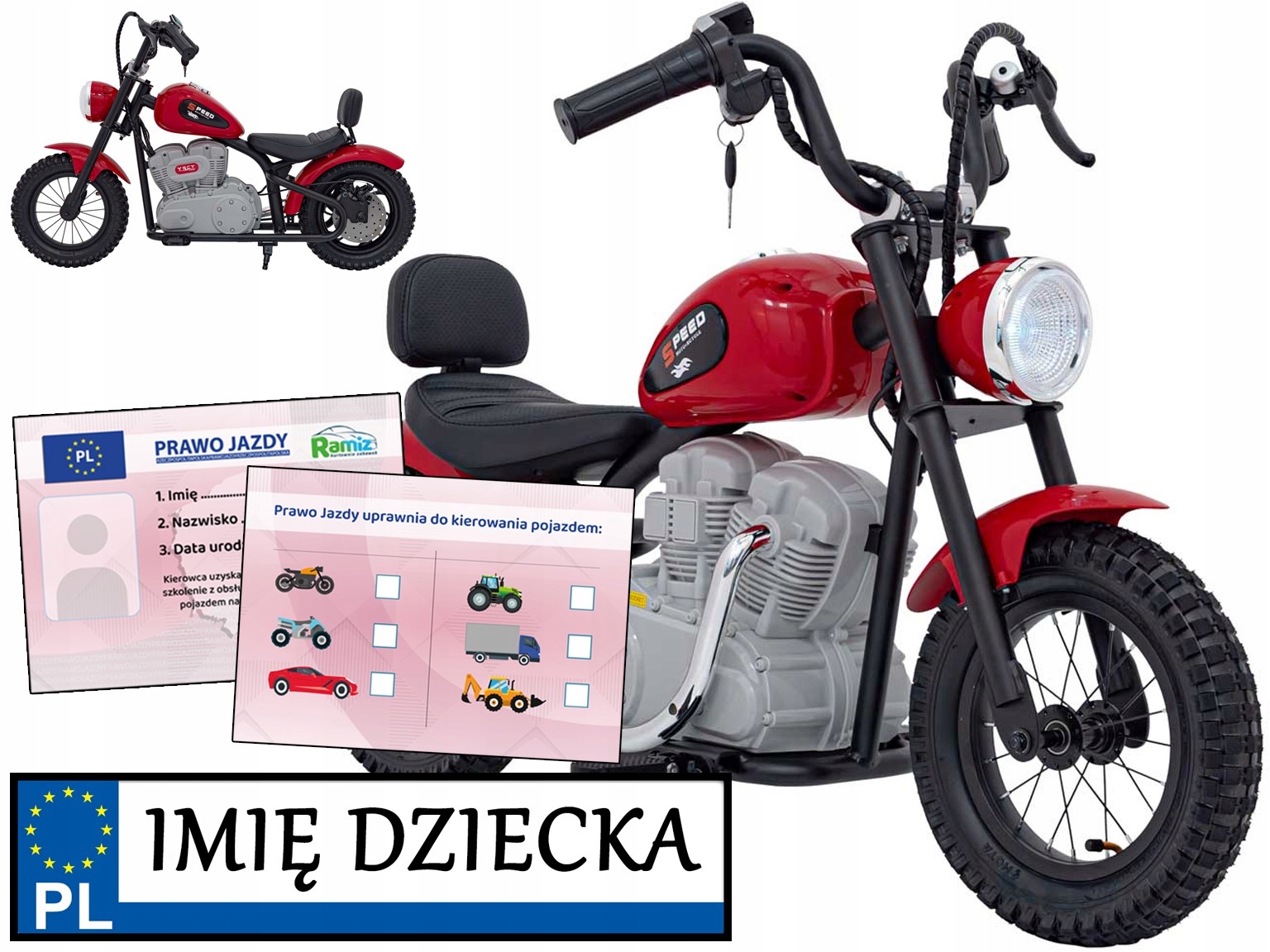 Motorek Na Baterie dla dzieci Speed Power tablica z imieniem Prawo Jazdy