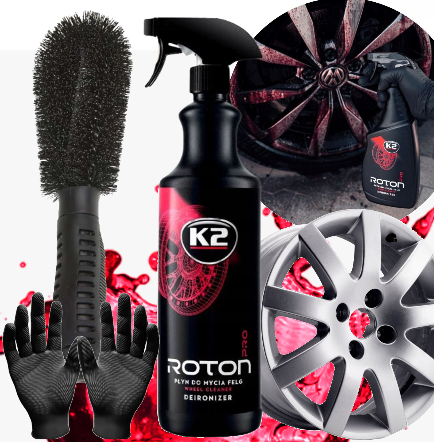 K2 ROTON PRO KRWAWI DEIRONIZER PŁYN + SZCZOTKA DO MYCIA CZYSZCZENIA FELG 1L