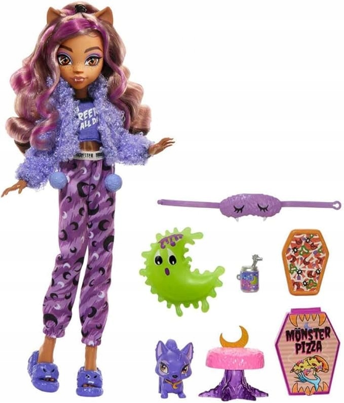Lalka Monster High Piżama Party Clawdeen Wolf + Figurka Zwierzątka HKY67 Model Clawdeen Wolf