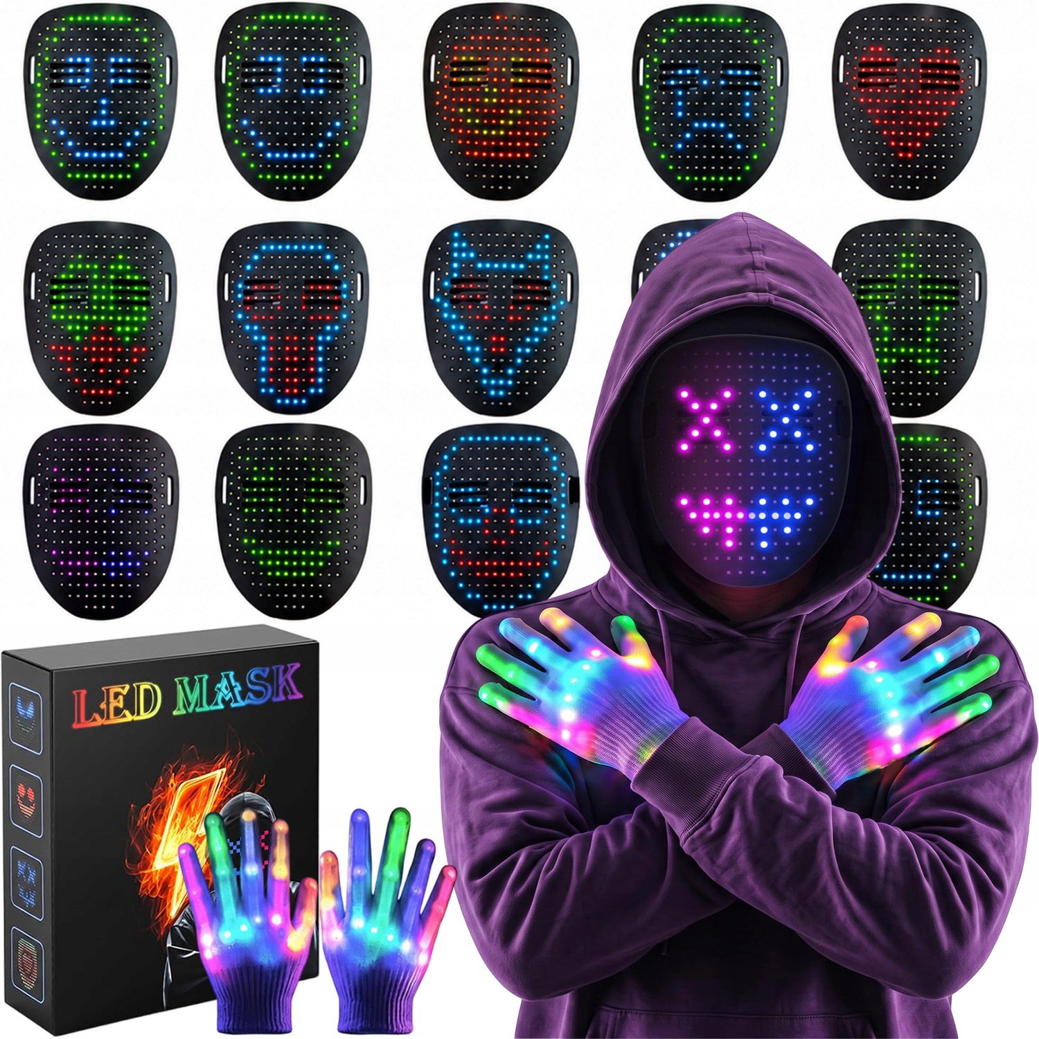 Led Maska Měnící Barvy Pro Cosplay A Halloween 50 Vzorů Pro Unisex