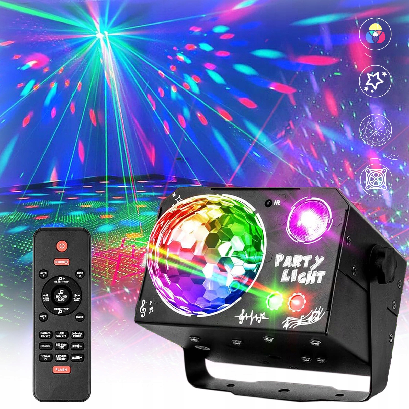 Led Světelný Efekt Disco Osvětlení 4v1 Na Párty Laserová Kula Rgb s Pilotem