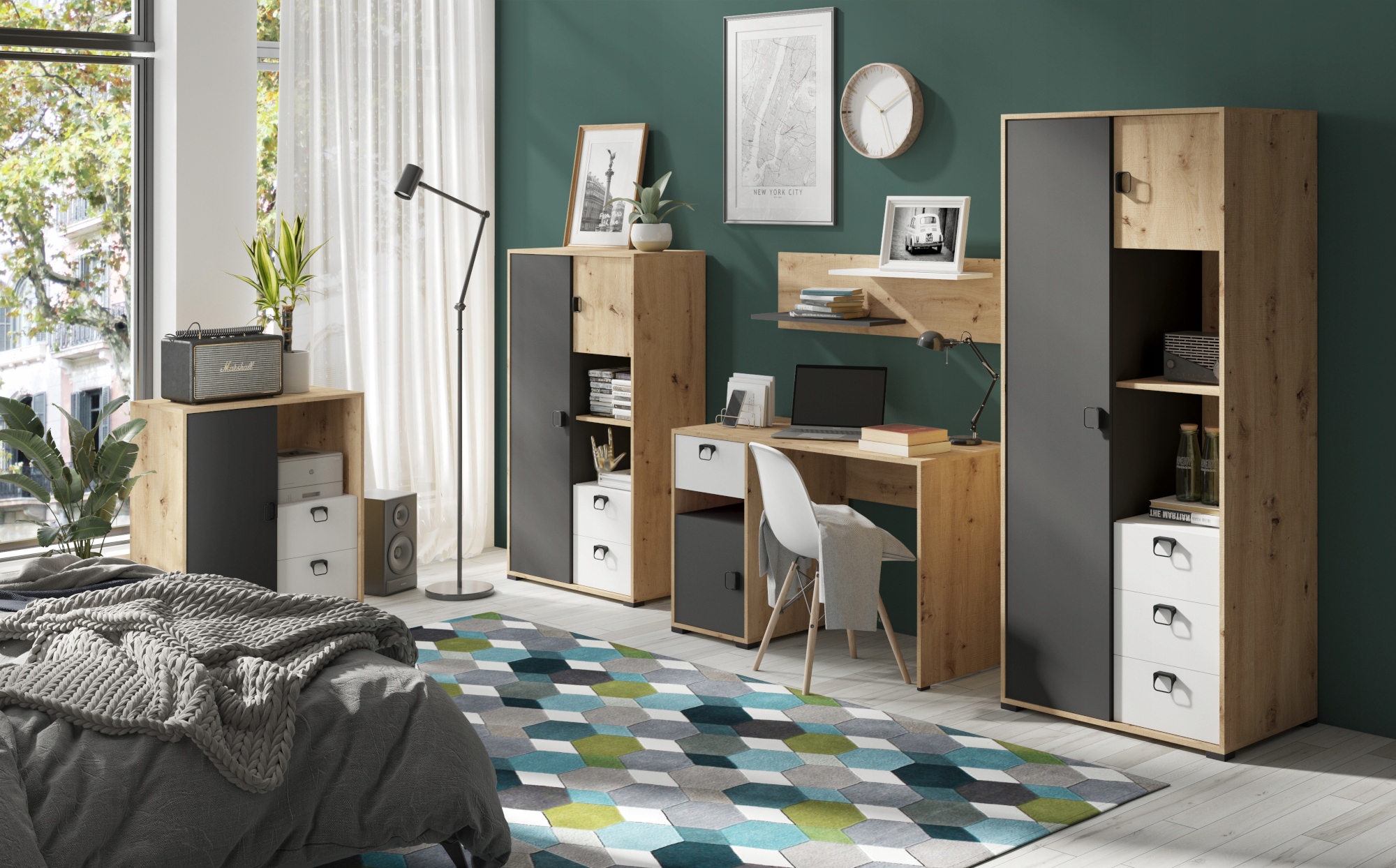 Stolik nocny Kevin 9 40x43x35 dąb artisan/grafit/biały, system młodzieżowy Kod producenta Jurek Meble