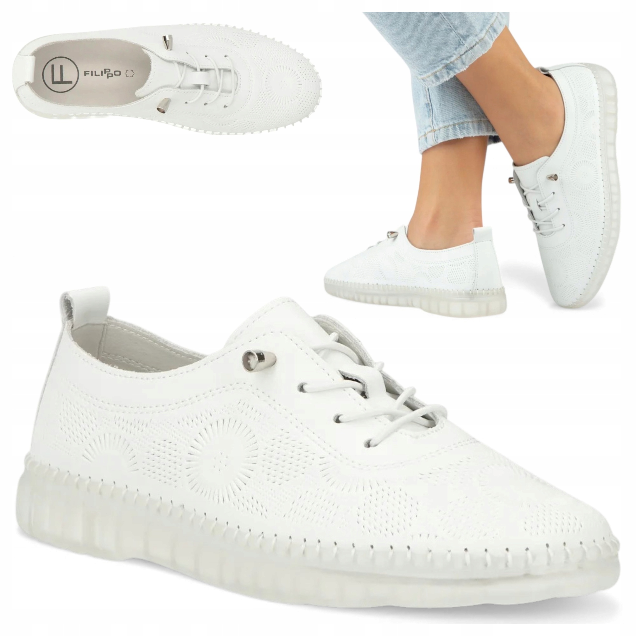 Sneakersy Damskie Skórzane 38 Filippo Półbuty Wsuwane Białe Płaskie