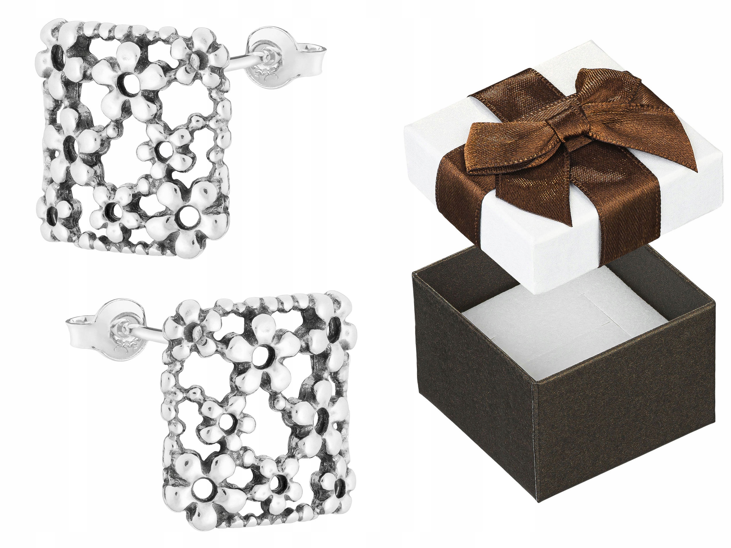 Stříbrné Náušnice Šroubky Květiny Velké Čtverce Dámské Retro Vintage Stříbro