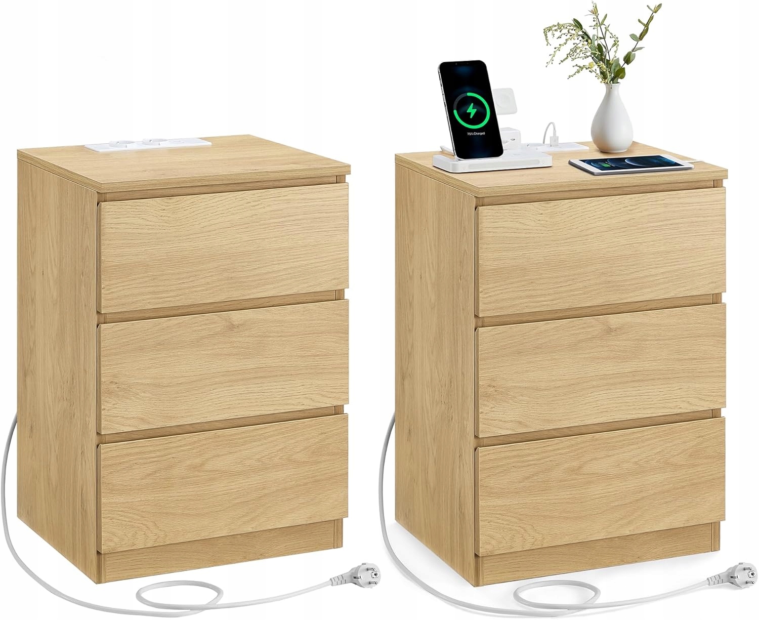 Nočný stolík 3 zásuvky skosené okraje 2 Ac 2 porty Usb sada 2 ks