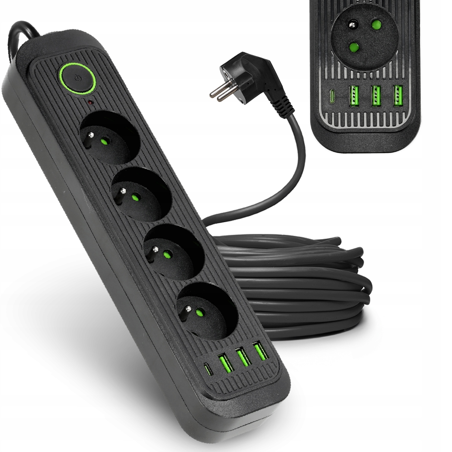 Przedłużacz 4 gniazda 5m Listwa Zasilająca czarny 4x Usb Z Włącznikiem