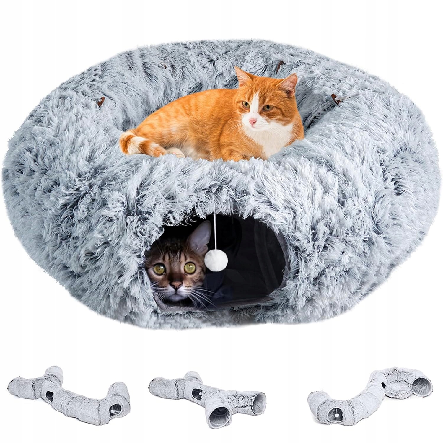 Levně Tunel Pro Kočky S Plyšovým Pelíškem Šedý 170 CM Se Zavíráním Na Knoflíky