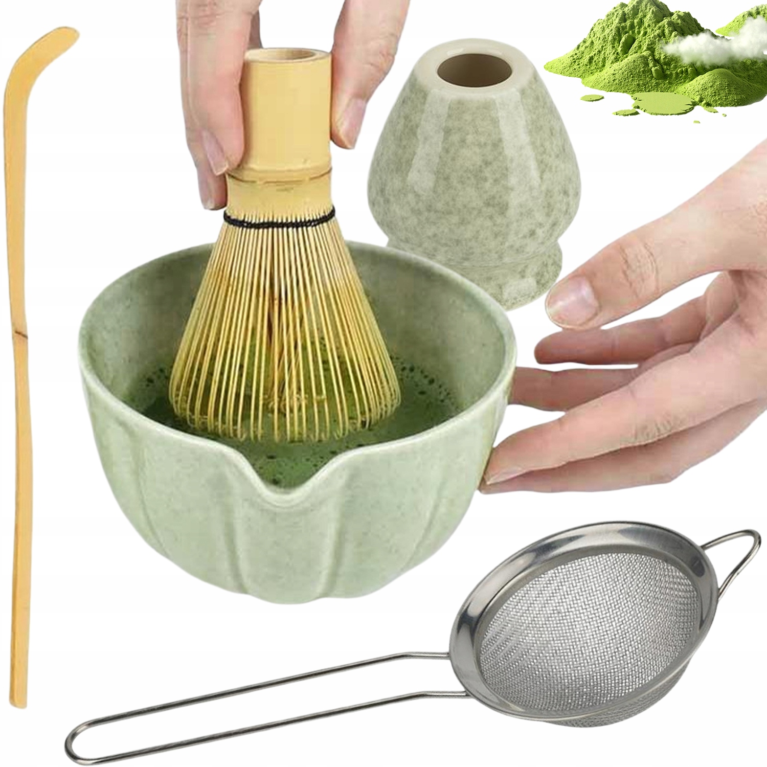 Levně Startovací Sada pro matcha čaj s krásnou čertí metlou lžíci sítko
