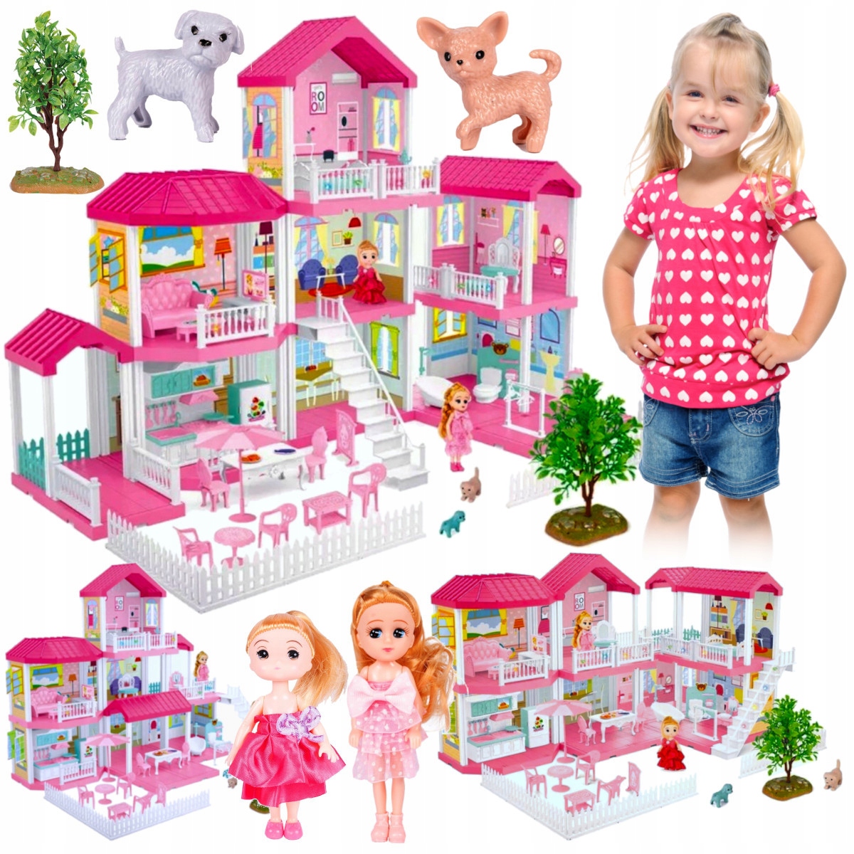 Duży Domek Dla Lalek Luksusowa Villa 3W1 Mebelki Lalki Pieski 3 Piętra A