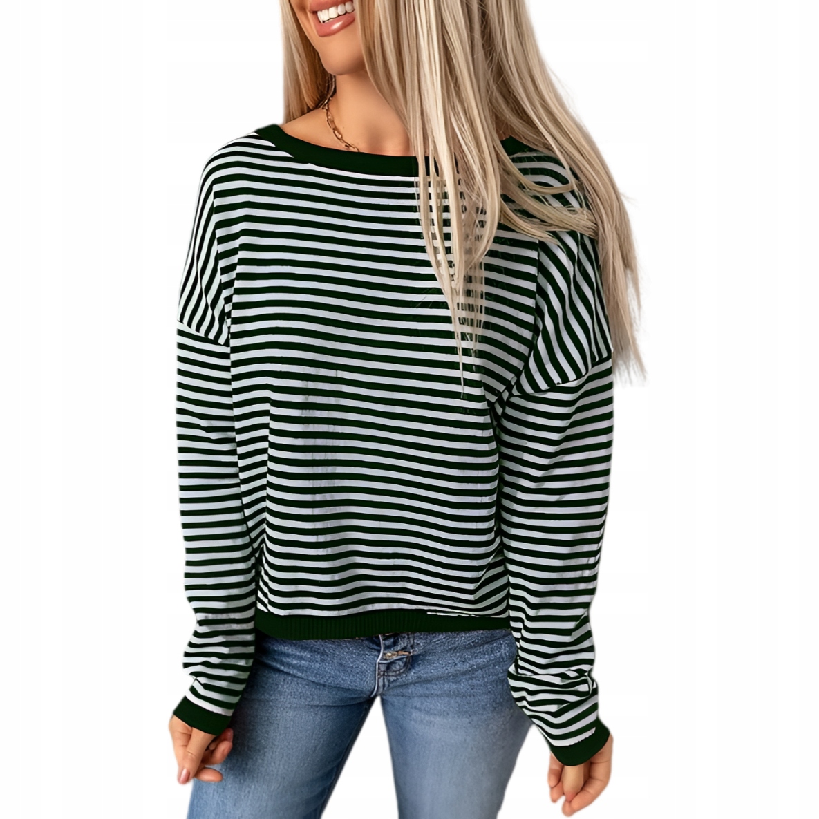 Dámská halenka s dlouhým rukávem a pruhy Bavlna Bílá Zelená L