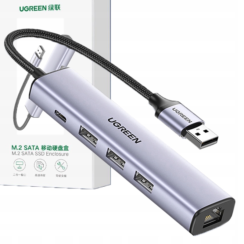 Adaptér Ugreen 5v1 Usb-a na 3x Usb 3.0 RJ45 Usb-c CM475 (šedý)