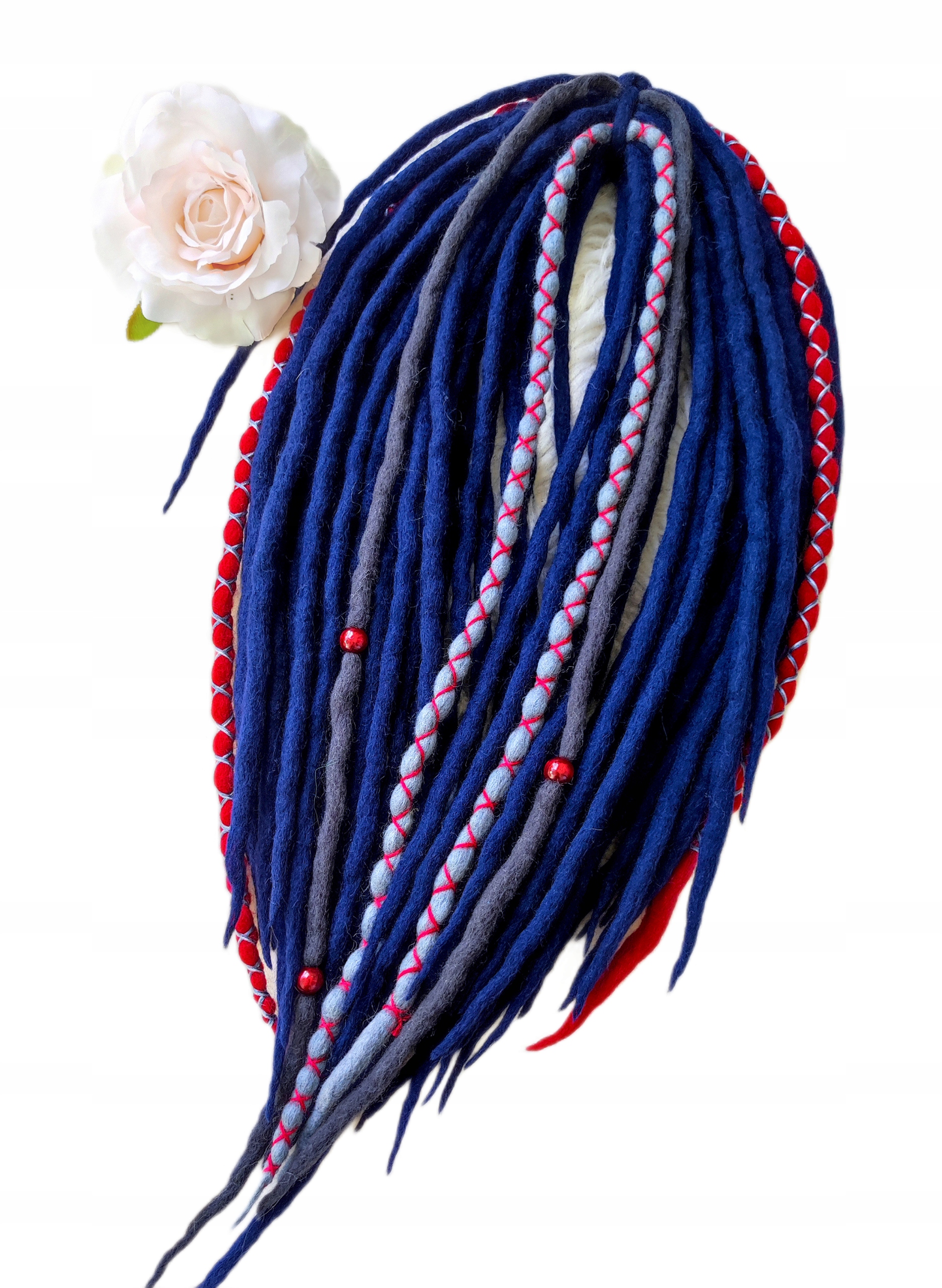 Dredloky Vlněné Dredy, tmavě modré červené, Safírové Srdce, 40 kusů