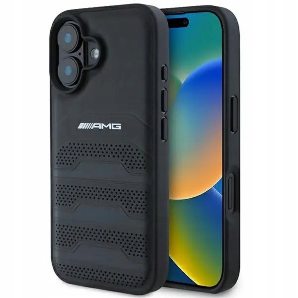 Etui Amg Leather Debossed Lines Black Logo na iPhone 16 czarne Mercedes