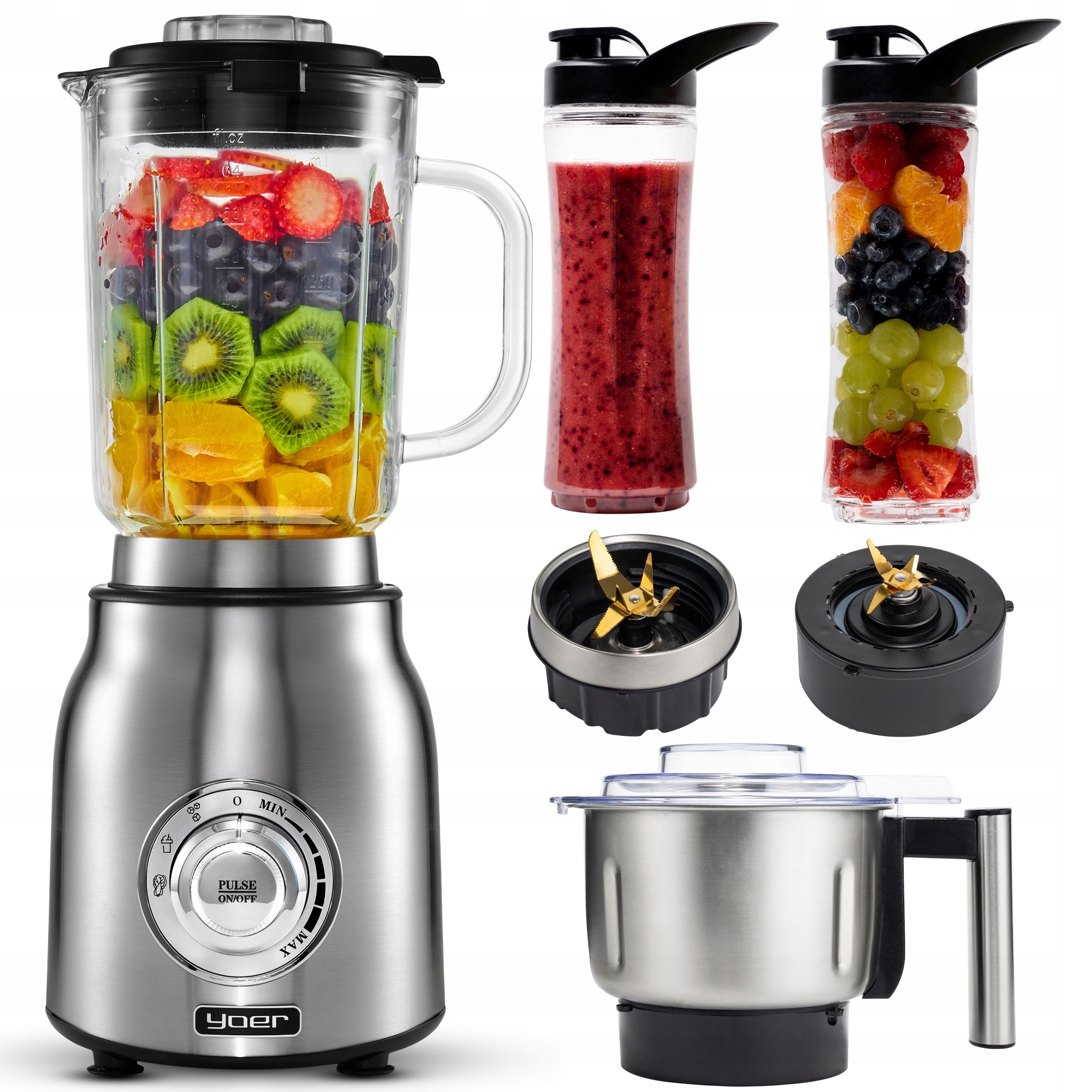 Blender kielichowy szklany 4w1 Yoer 2,4L 1800W +stal Inox +Młynek +2 Bidony