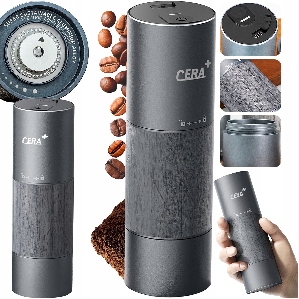 Cera+ CGE01 Elektryczny Młynek do Kawy Przenośny Regulacja Mielenia