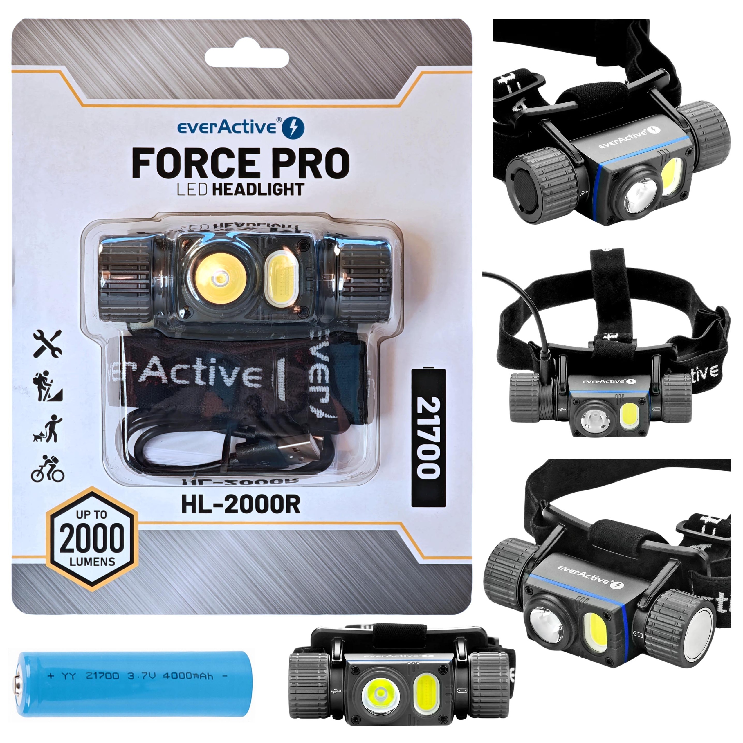 Latarka czołowa Everactive HL-2000R Force Pro 2000lm Usb-c 21700 IPX8 Osram
