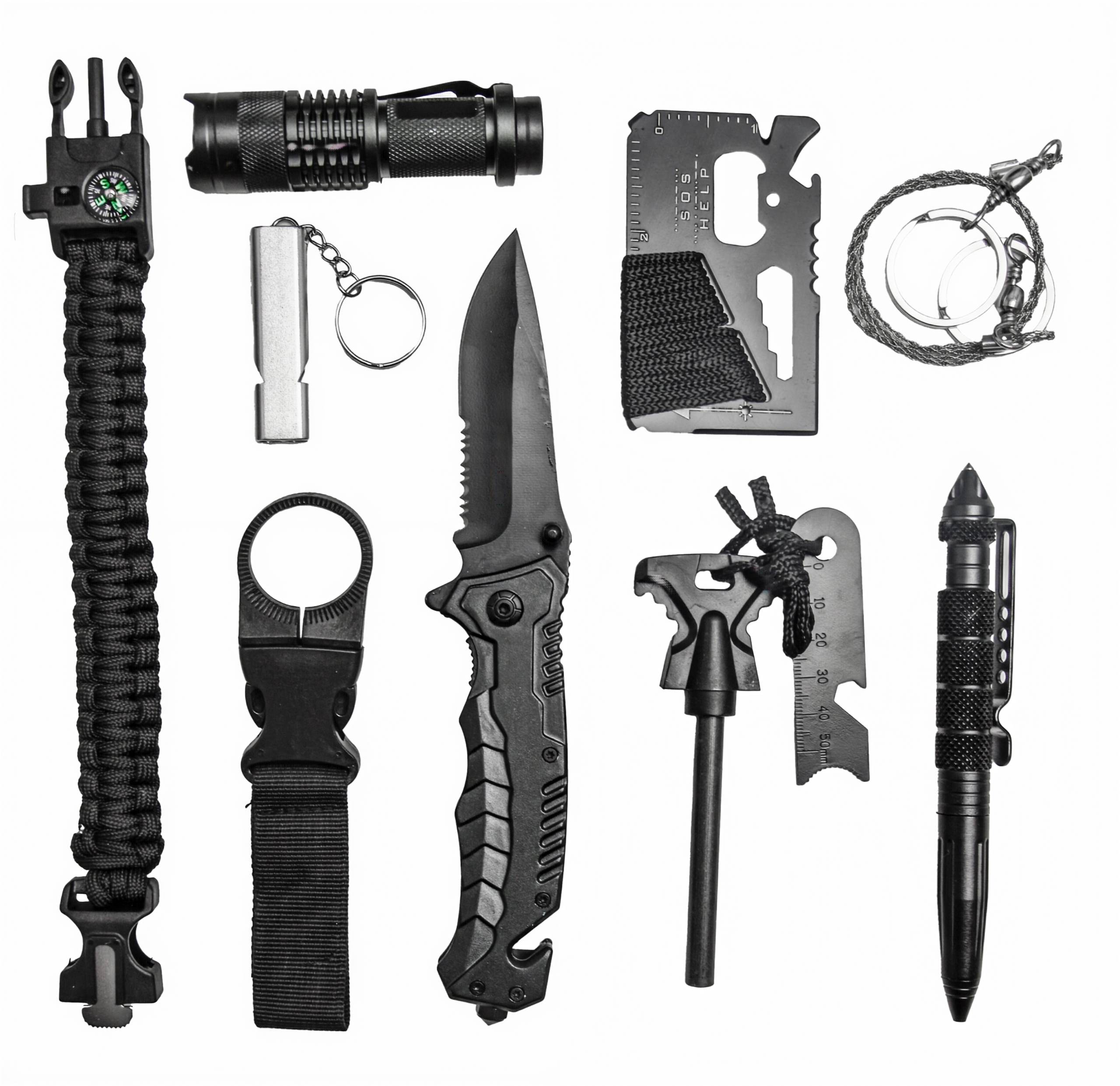 Sada Pro Přežití Přežití Řemínek Nůž Svítilna Kubotan Křesadlo Pila Karta