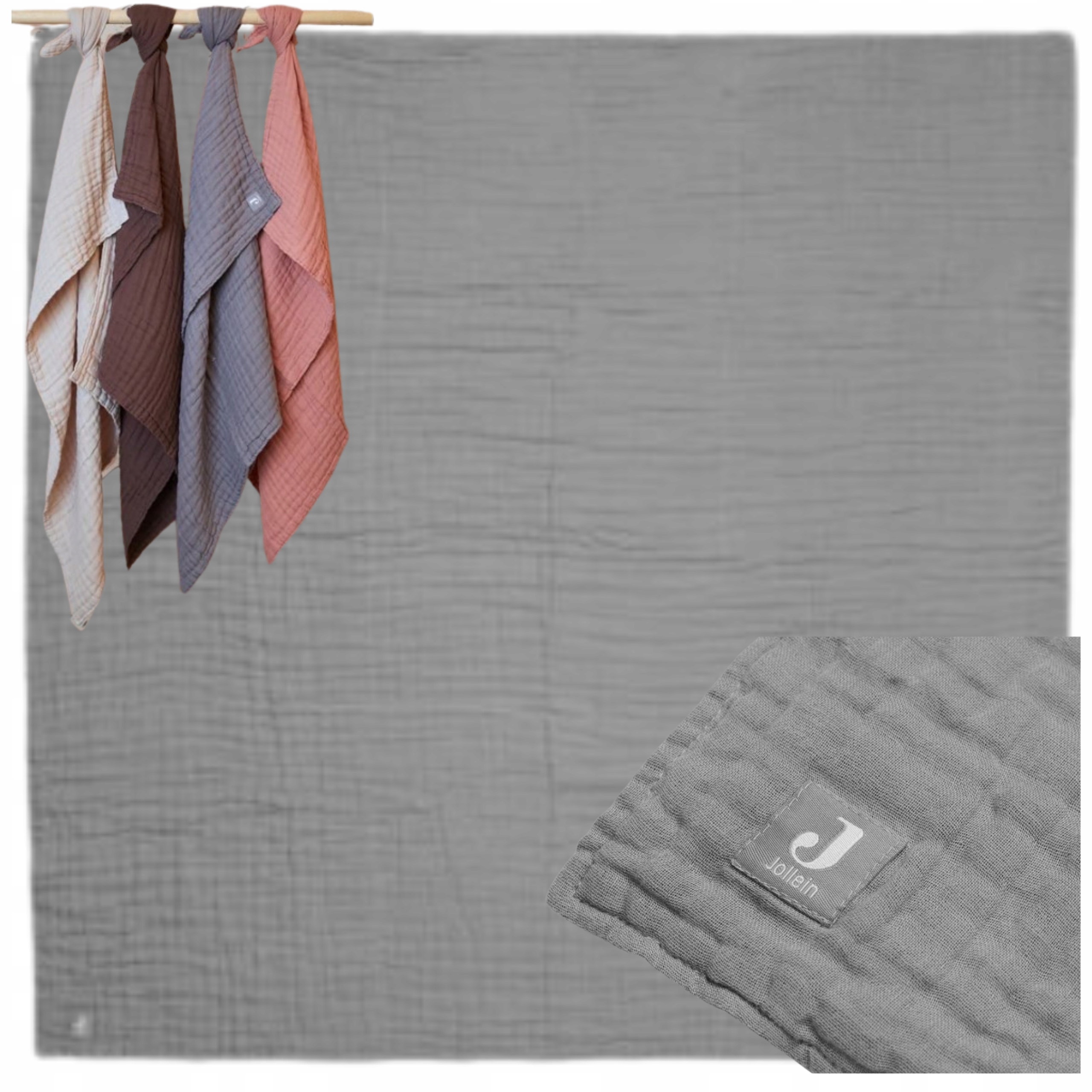 Kocyk Muślinowy Otulacz Duży 120 cm x 120 cm Szary Jollein 100% Bawełna