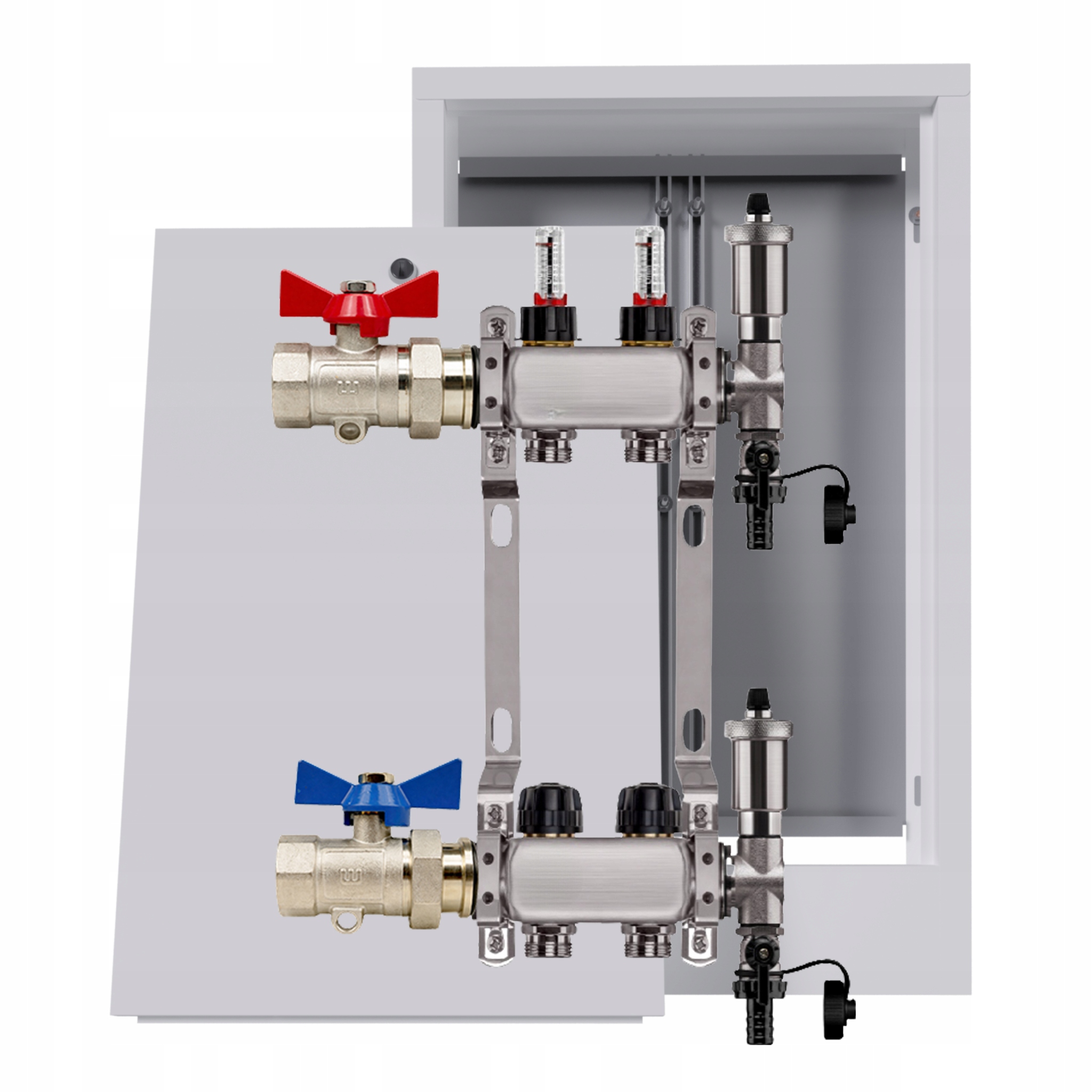 Nerezový rozdělovač pro podlahovou krytinu 2 okruhy nástěnná skříňka ventily