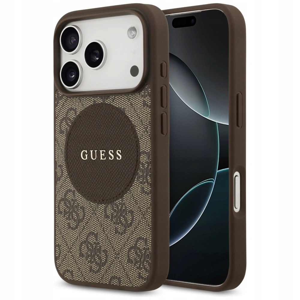 Pouzdro Guess 4G Circle Classic Logo MagSafe pro Apple iPhone 17 Pro, hnědé