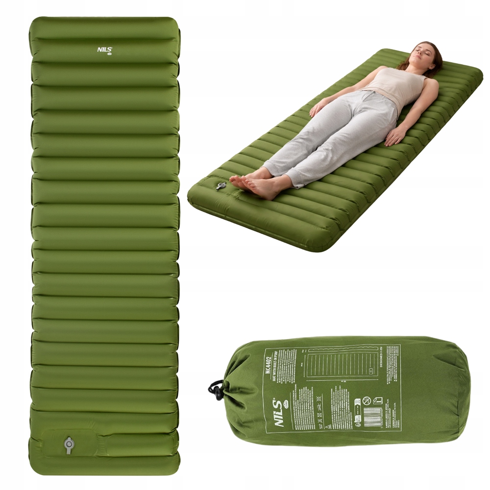 Materac Turystyczny Mata Kempingowa Zielona Gruba 10 cm Wbudowana Pompka
