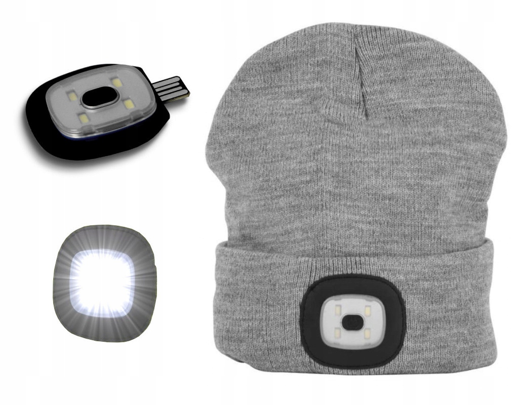 CZAPKA ZIMOWA Z LATARKĄ 4xLED BEZPIECZNA SZARA