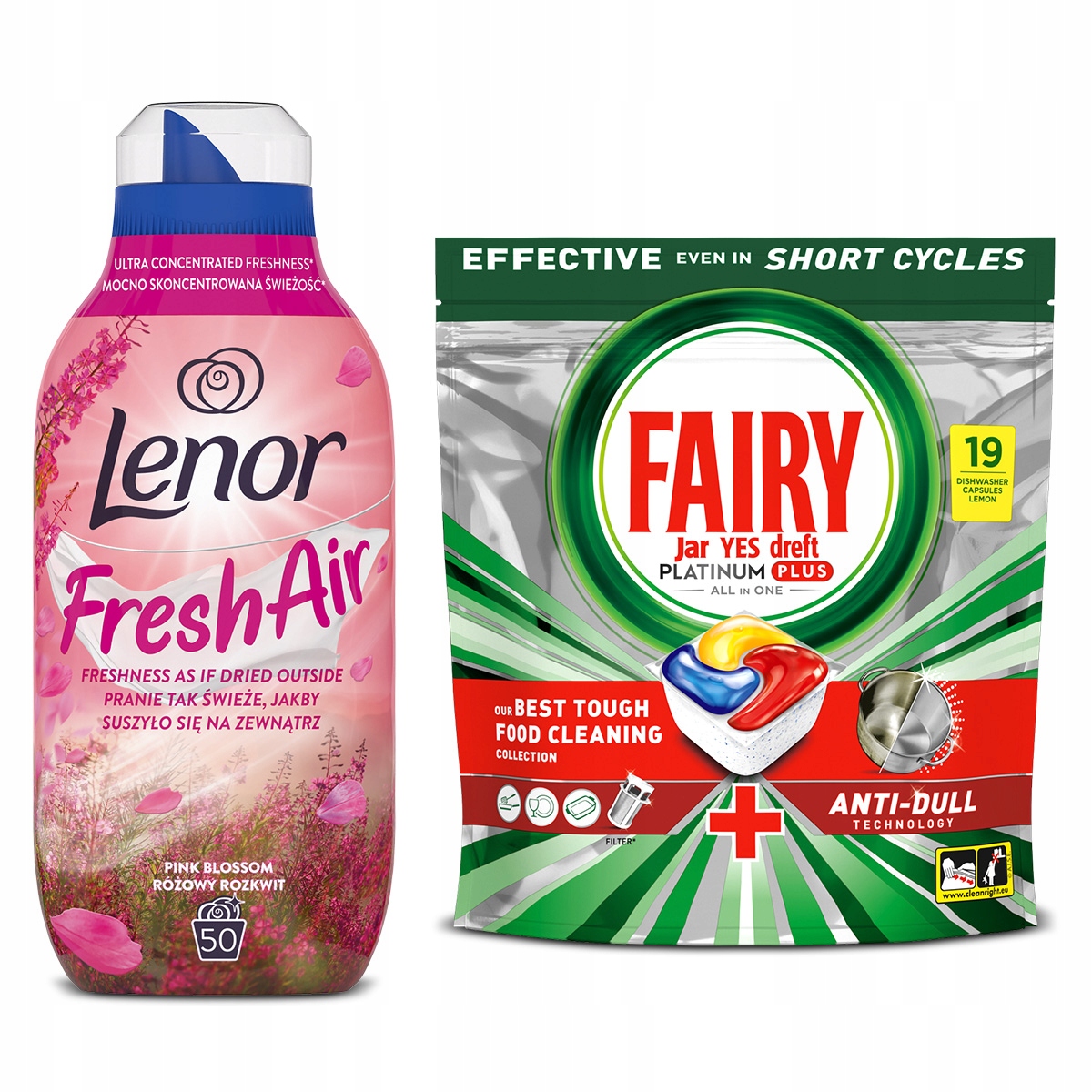 Zestaw: Fairy Platinum Plus All In One+ Lenor Fresh Air Effect Pink Blossom