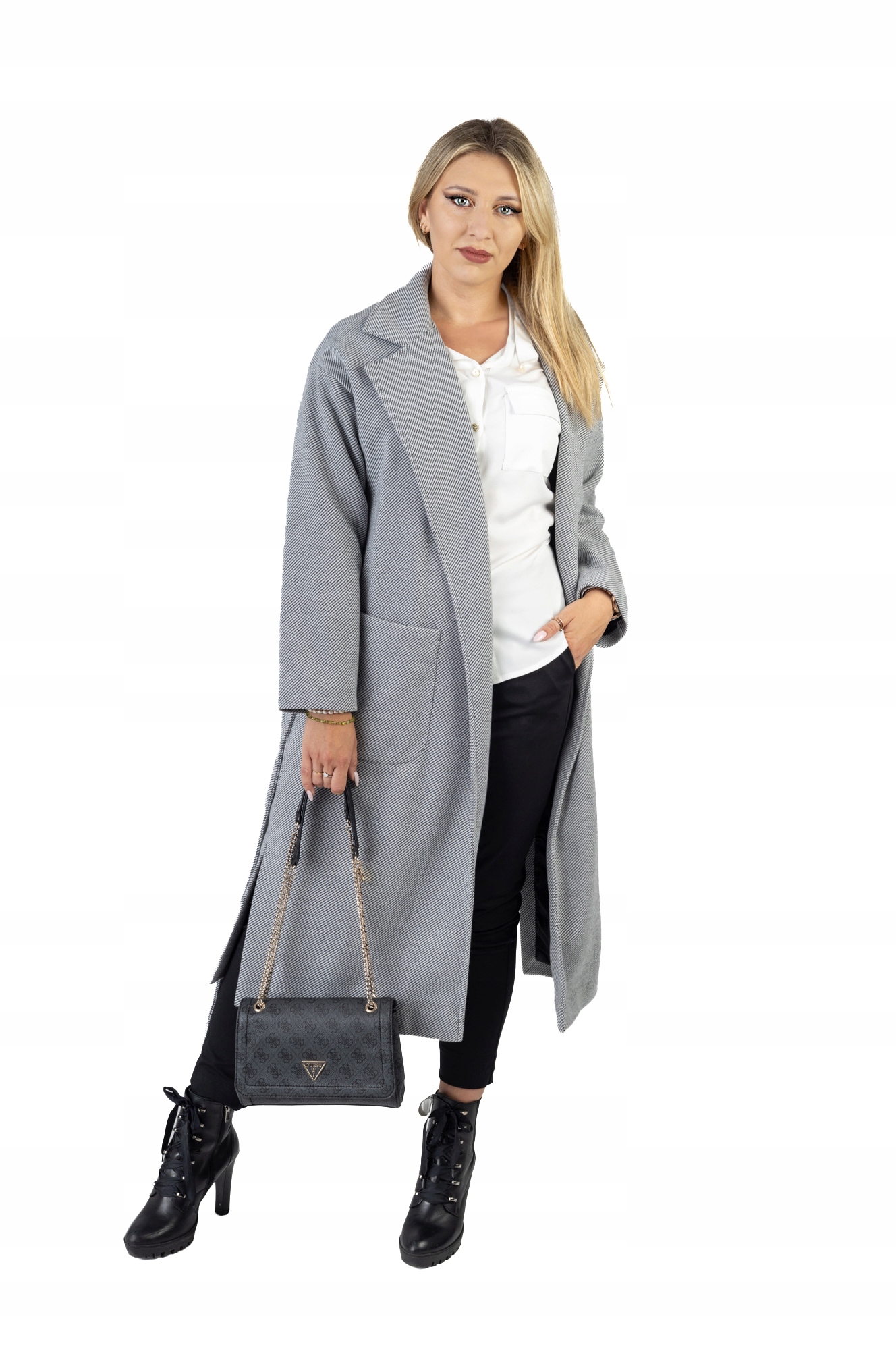 Dámský kabát klasický dlouhý s vázáním, šedý