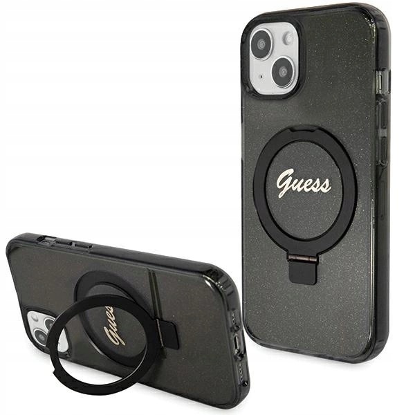 Pouzdro Guess Ring Stand Script Glitter MagSafe iPhone 13/14/15 černé