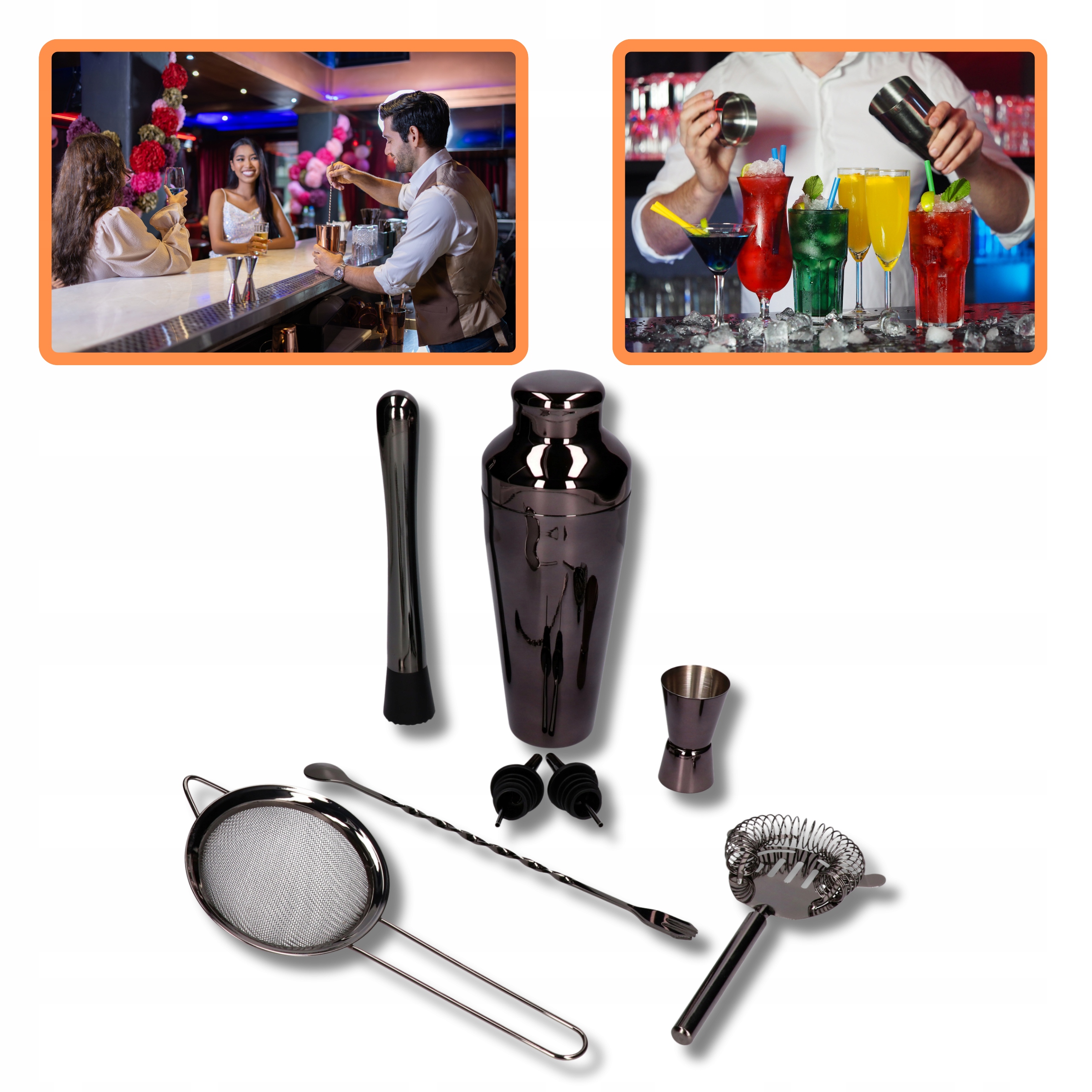 Profesionální barmanský shakerový set Pařížský 8ks Černý Lesk "Gunmetal"