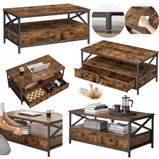 Stolík Lavica Industriálny stôl do obývačky 2 zásuvky Polička na knihy a noviny