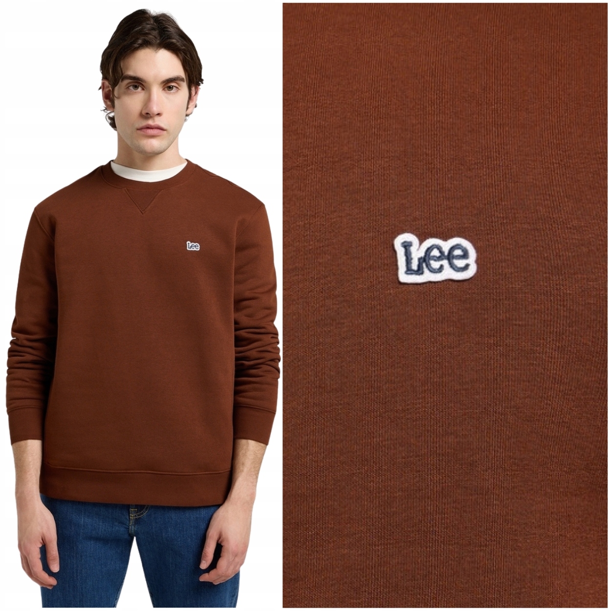 Lee Patch Crew Sws Luxe Brown bavlněná pánská mikina s logem Regular Fit S