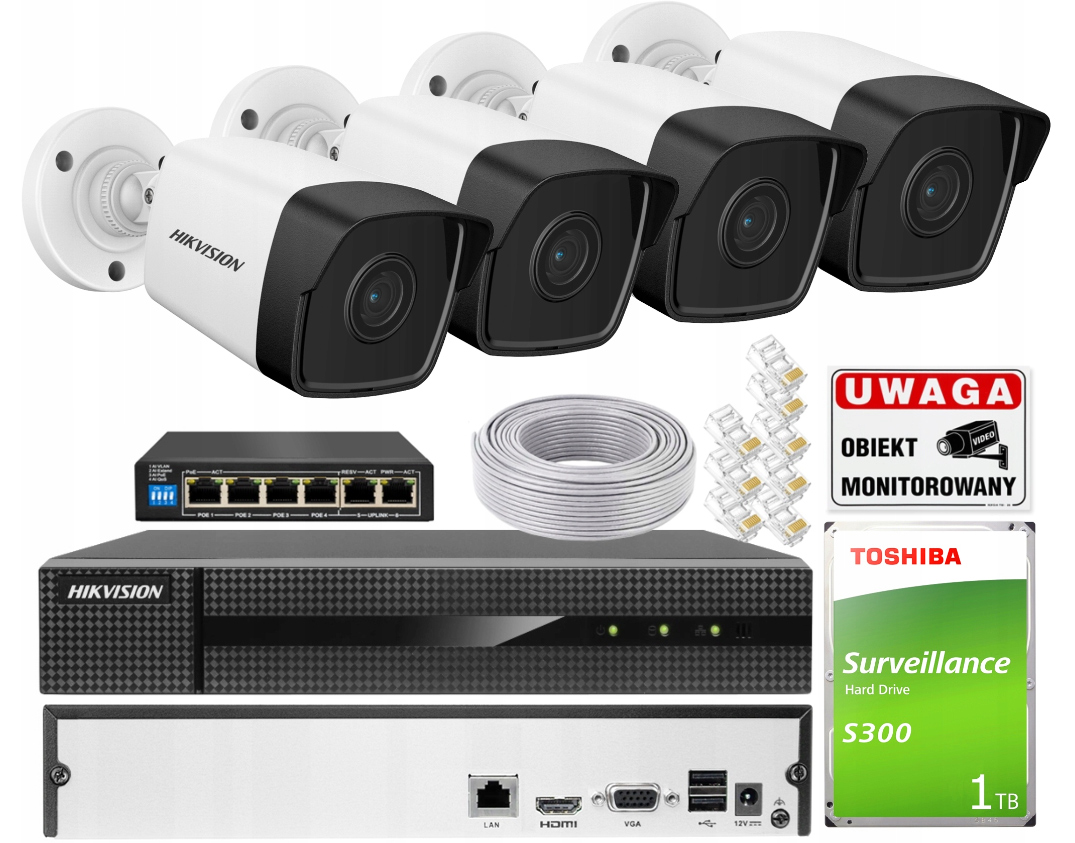 Zestaw Monitoringu Ip Hikvision 4 Kamery 4Mpx PoE Zewnętrzny Podgląd