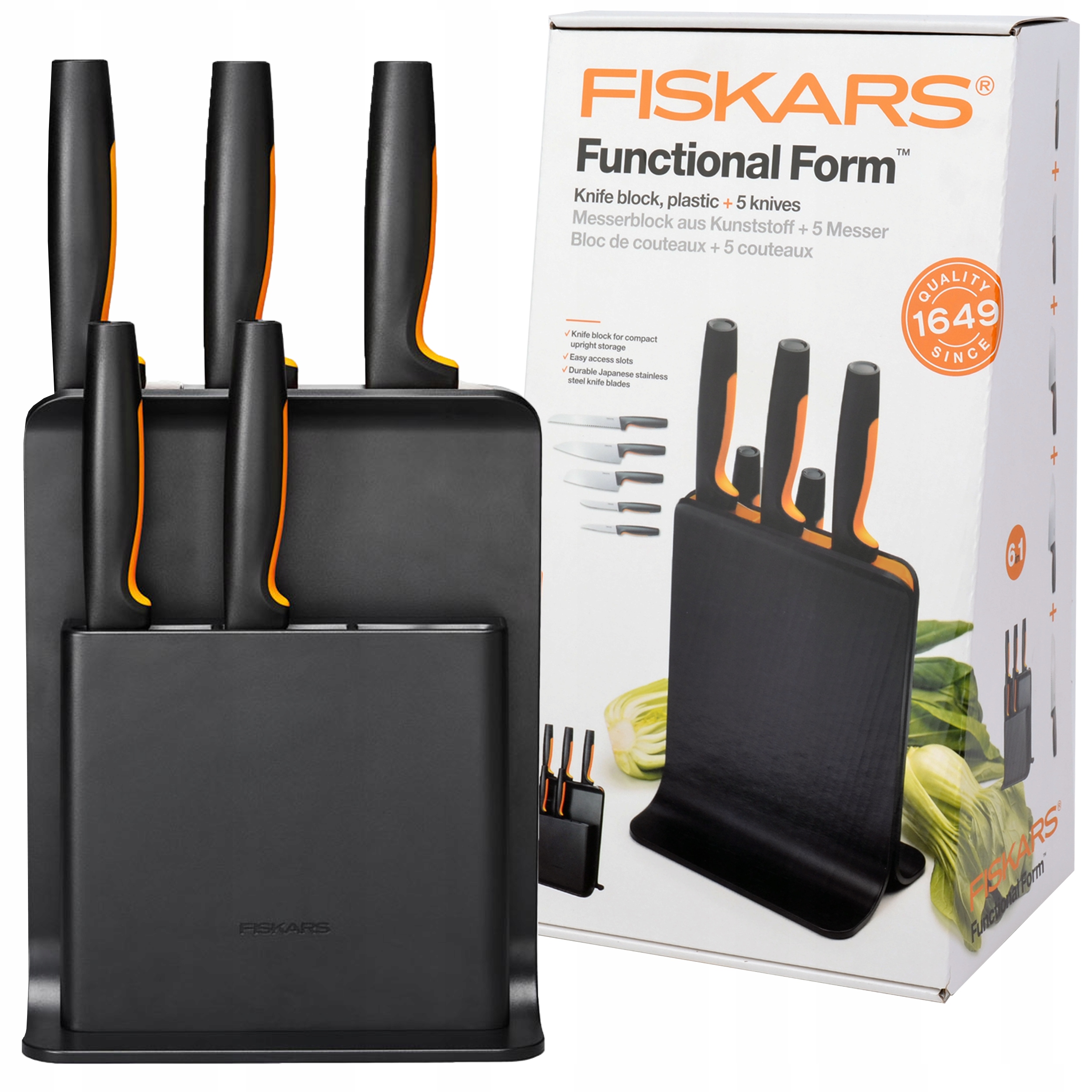 Fiskars ZESTAW NOŻY NÓŻ CZARNY BLOK OSTRZAŁKA 7el Linia Functional Form