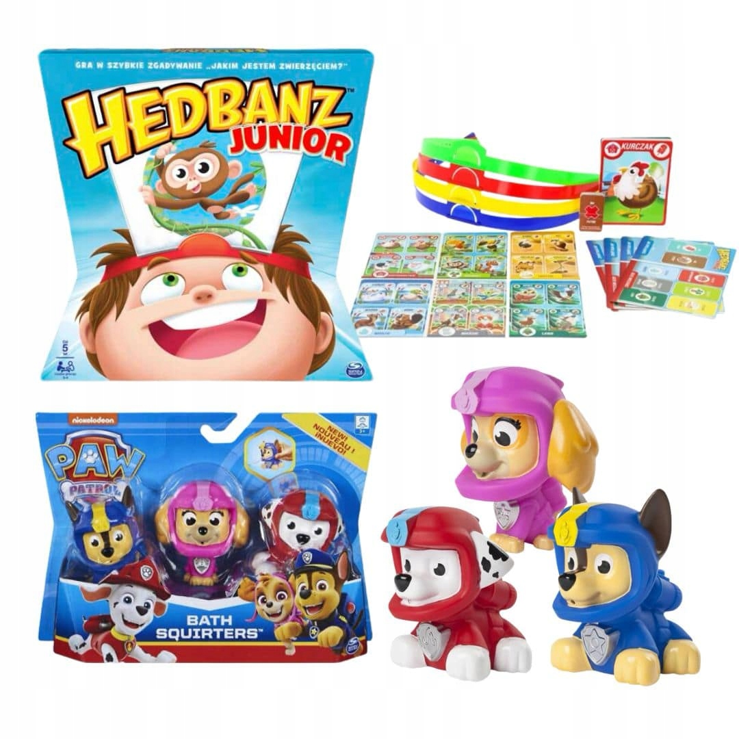 Hedbanz Junior i zestaw figurek do kąpieli Psi Patrol gra dla dzieci