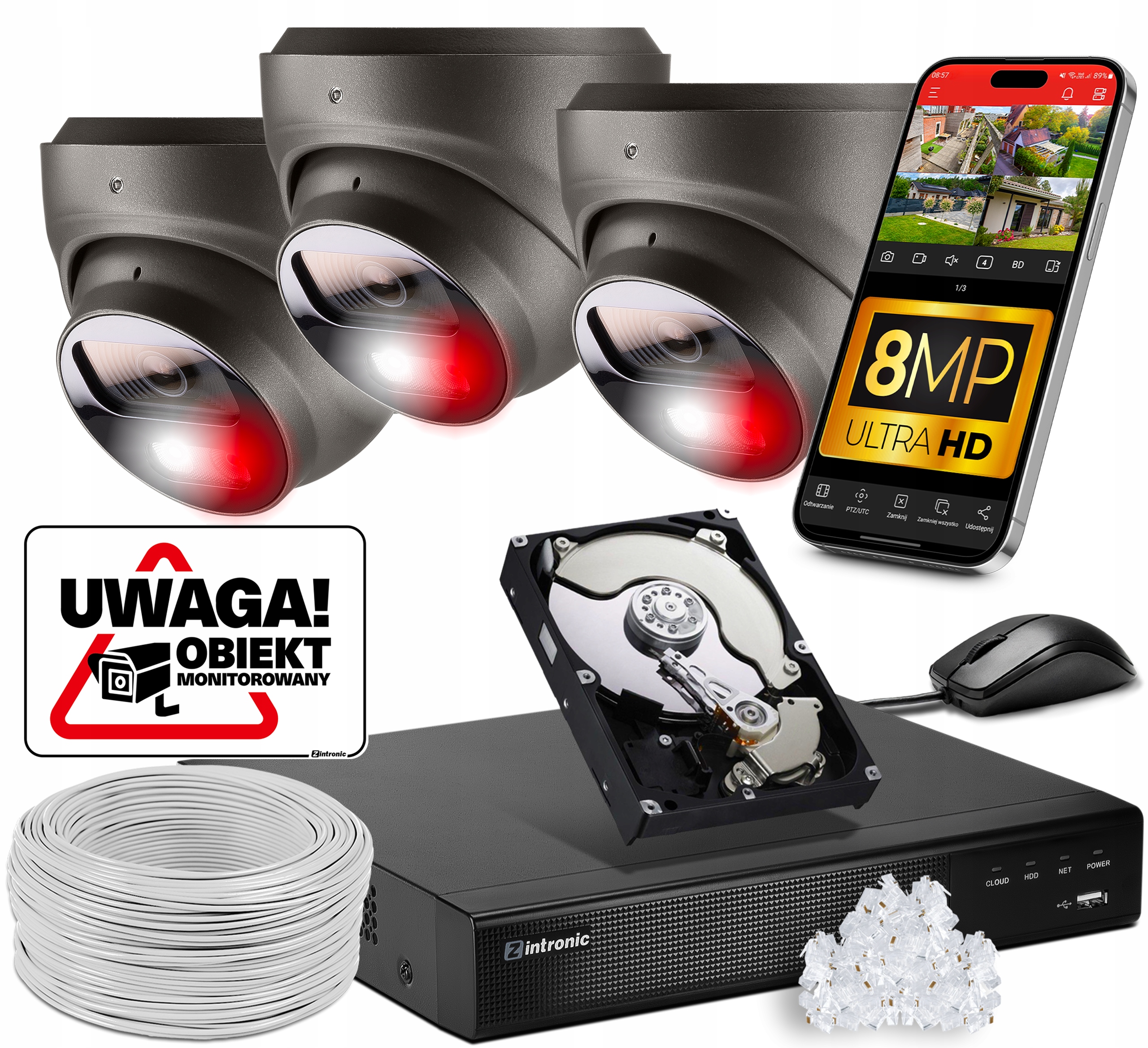 Sada Monitorování 3 kamer Poe 4K Ultra Hd 8Mpx Šedé kopulky Detekce 1TB