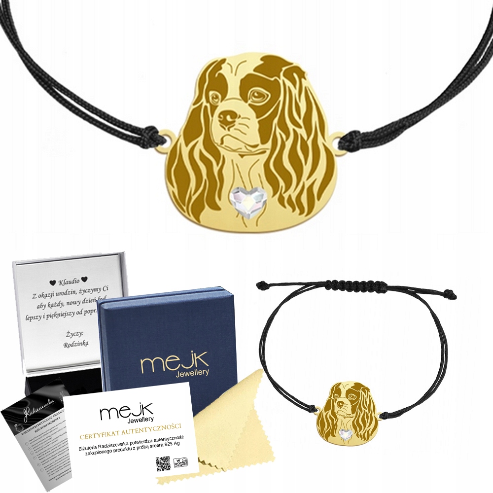 Zlatý náramek Cavalier King Charles Spaniel 925 Žena Gravírování Bonus