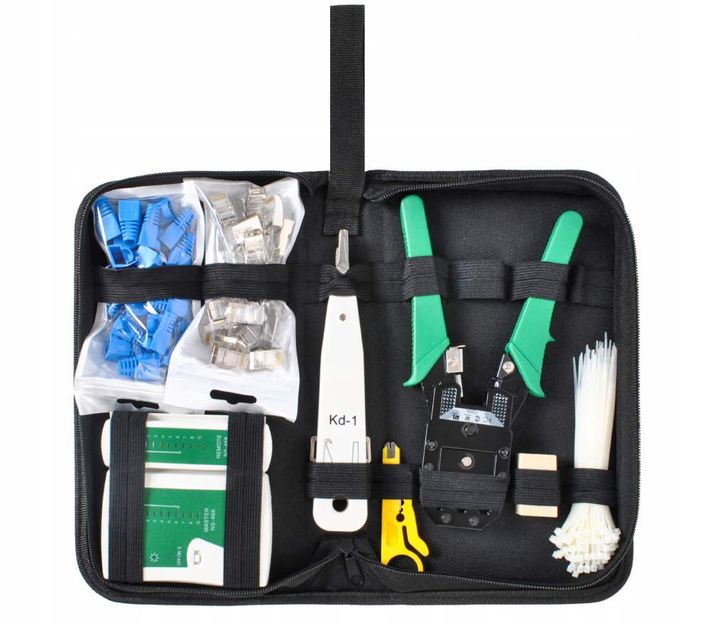 Tester RJ45 Zaciskarka Sieciowy Wciskacz Zestaw do Kabli Stripper Etui Wtyk Waga produktu z opakowaniem jednostkowym 0.745 kg