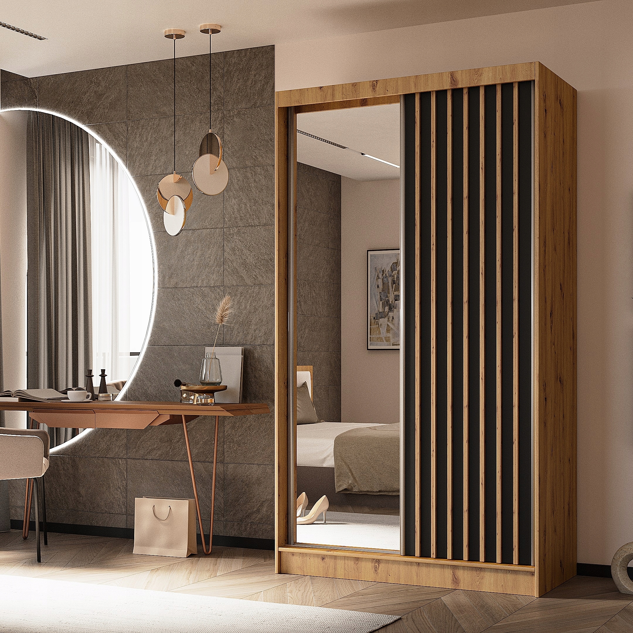 Skříň Lamello 120 cm Skříň se zrcadlem Posuvná dub artisan