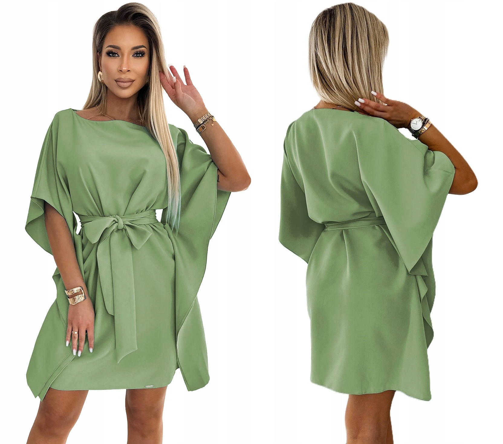 Volné Šaty S Vázáním, Motýl, Asymetrické Rukávy, Olivová Barva, 2XL/3XL