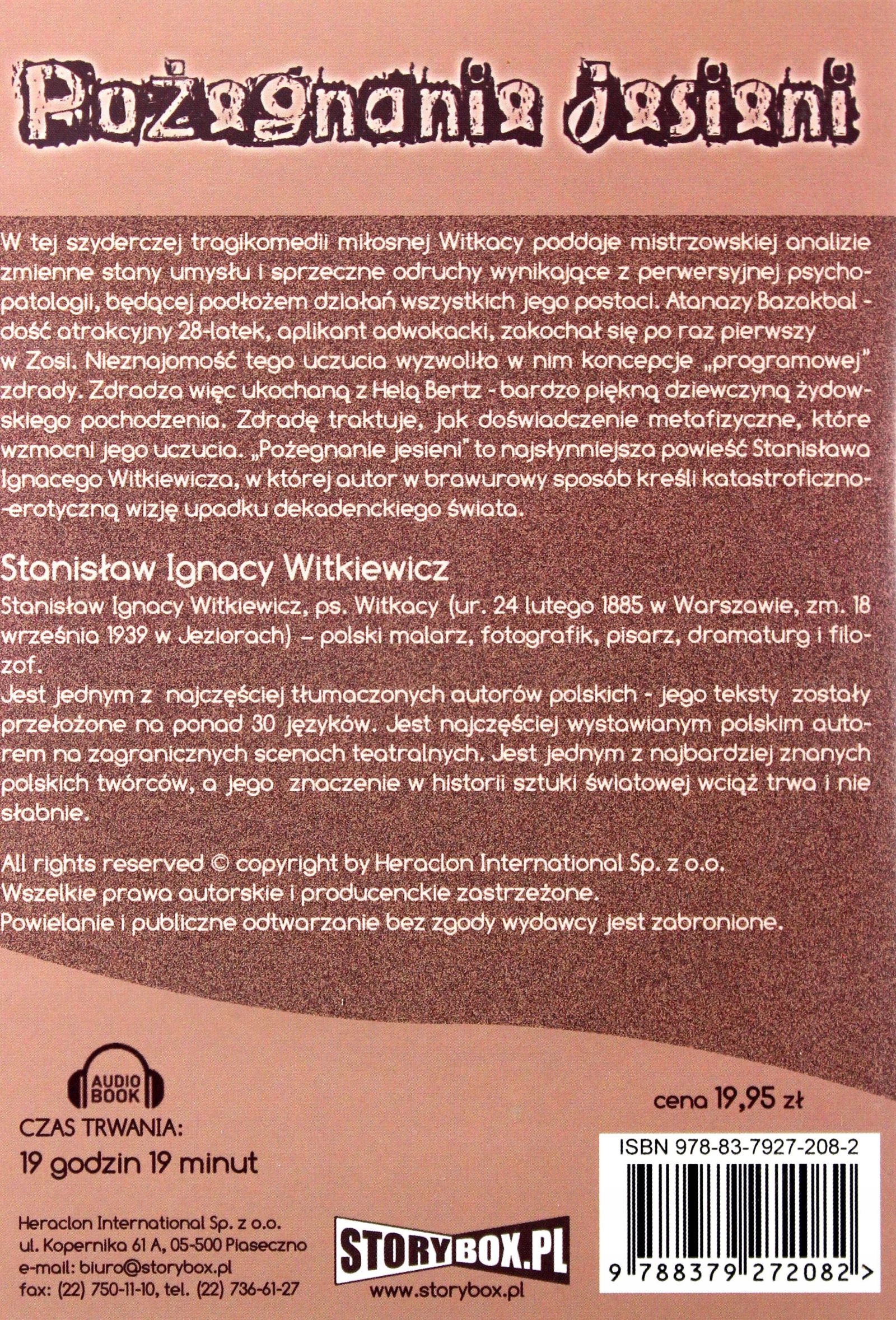 POŻEGNANIE JESIENI - STANISŁAW IGNACY WITKIEWICZ [AUDIOBOOK] [CD-MP3] Stan opakowania oryginalne