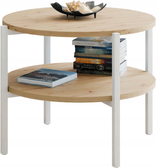 Stolik kawowy okrągły loft z półką 55x55x46 cm metalowy biały